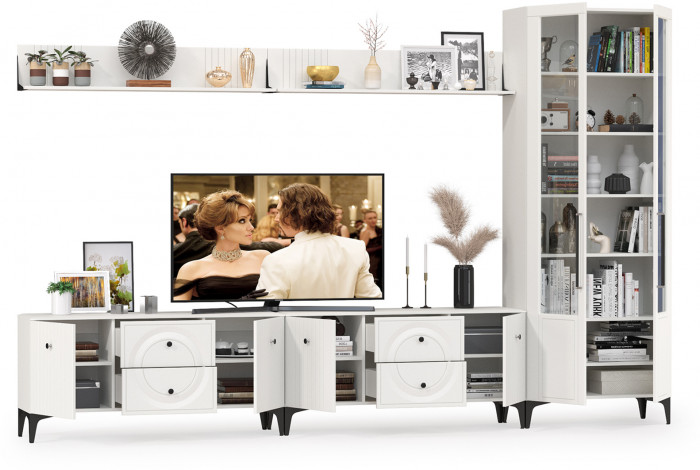 Валенсия Гостиная № 083, цвет ЛДСП белый шагрень/МДФ белый шагрень, ШхГхВ 350,3х38,3х225,2 см., универсальная сборка