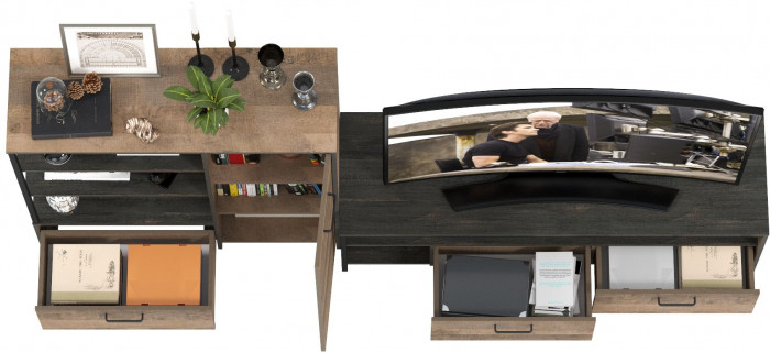 Трувор 13.70 Тумба под ТВ + 13.307.01 Комод, цвет дуб гранж песочный/интра, ШхГхВ 258,8х45,4х106,9 см., универсальная сборка