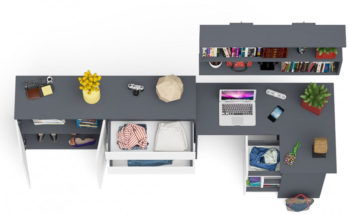 Мори компьютерный стол МС-16 правый + Комод МК1600.1 + Полка 1200, графит/белый