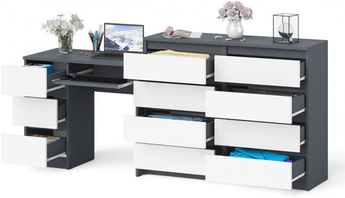 Мори компьютерный стол МС-6 левый + Комод МК1200.8, графит/белый
