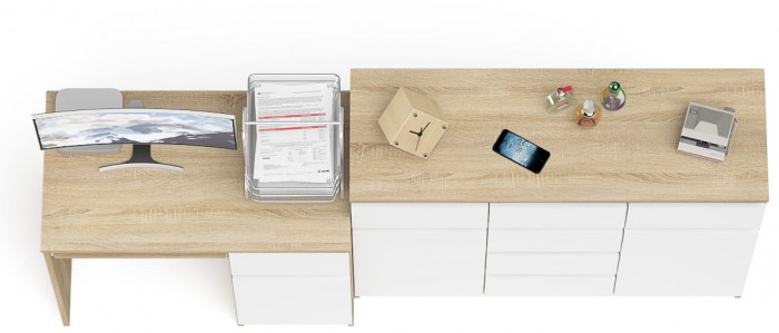 Мори компьютерный стол МС-1 правый + Комод МК1200.4, дуб сонома/белый