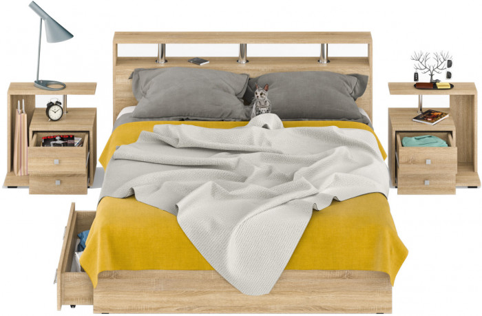 Камелия Кровать с ящиками 1600 + две тумбы, цвет дуб сонома, ШхГхВ 276х217х78,2 см., сп.м. 1600х2000 мм., без матраса, основание есть