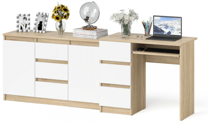 Мори Стол компьютерный МС-6 левый + Комод МК1200.3, цвет дуб сонома/белый, ШхГхВ 210,4х50х76,6 см., выдвижные ящики слева, НЕ универсальная сборка