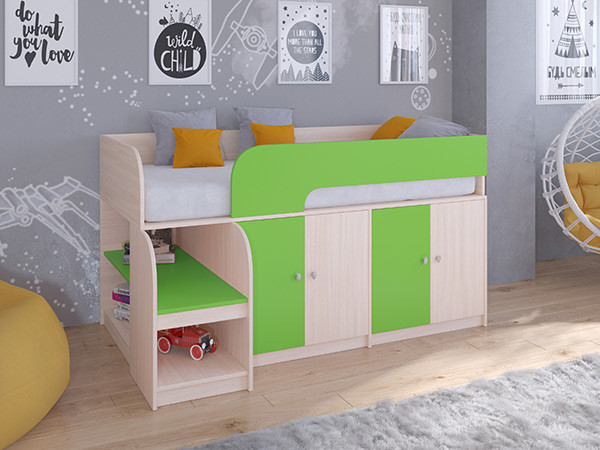 Кровать чердак Астра 9 V2 Дуб молочный/Салатовый