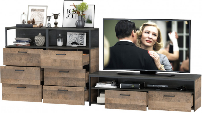 Трувор 13.70 Тумба под ТВ + 13.307.02 Комод + 13.307.02 Комод, цвет дуб гранж песочный/интра, ШхГхВ 281,8х45,4х106,9 см., универсальная сборка