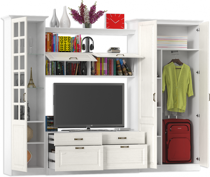 Ливерпуль Набор мебели 7, цвет ясень ваниль/белый, ШхГхВ 290х49,3х220,3 см.(без учёта карниза), ниша для тв 140х49х90 см., универсальная сборка