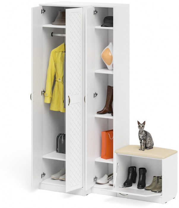 Прихожая П-6 Компоновка № 25, цвет белая шагрень/фасады МДФ белое дерево фрезеровка ромб, ШхГхВ 150х50х210 см., универсальная сборка