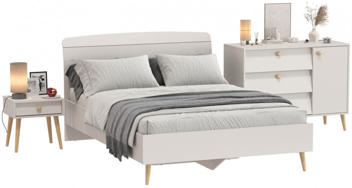 Афина Спальня Кровать 1400 + Комод + Тумба, кашемир серый