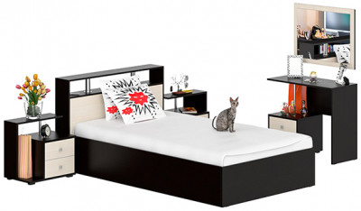 Камелия спальня № 6 Кровать 1200 + Две тумбы + Стол косметический + Зеркало, венге/дуб лоредо