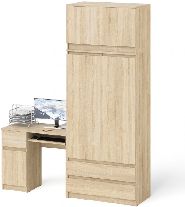 Мори Стол компьютерный МС-1 левый + Шкаф МШ900.1 + Антресоль МА900.1, цвет дуб сонома, ШхГхВ 180,4х50,4х234,2 см., выдвиж. ящик слева, НЕ универс. сб.