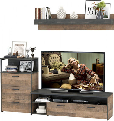 Трувор 13.70 Тумба под ТВ + 13.307.02 Комод с ящиками + 15.60 Полка, цвет дуб гранж песочный/интра, ШхГхВ 215,8х45,4х195 см., универсальная сборка