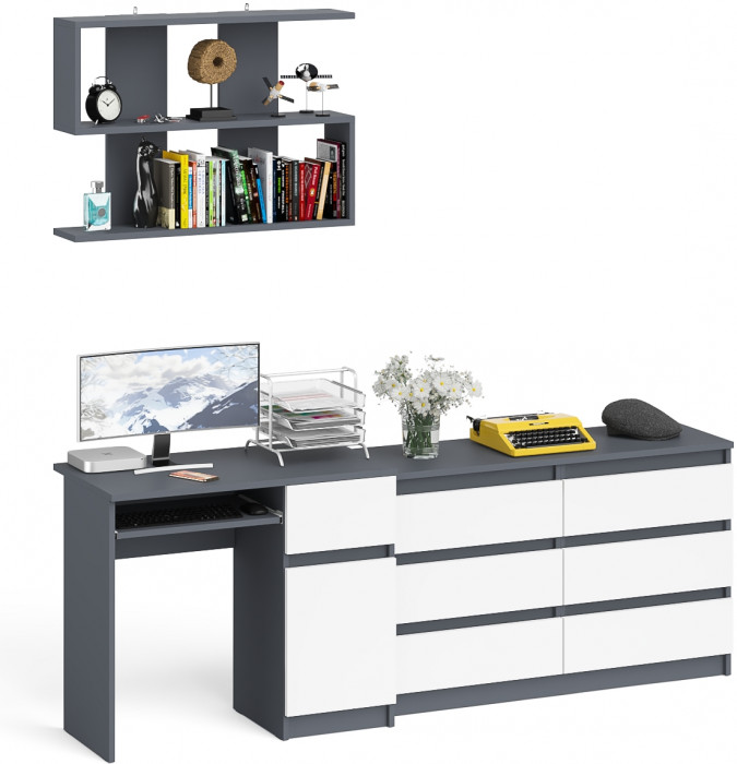 Мори компьютерный стол МС-1 правый + Комод МК1200.6 + Полка 900, графит/белый