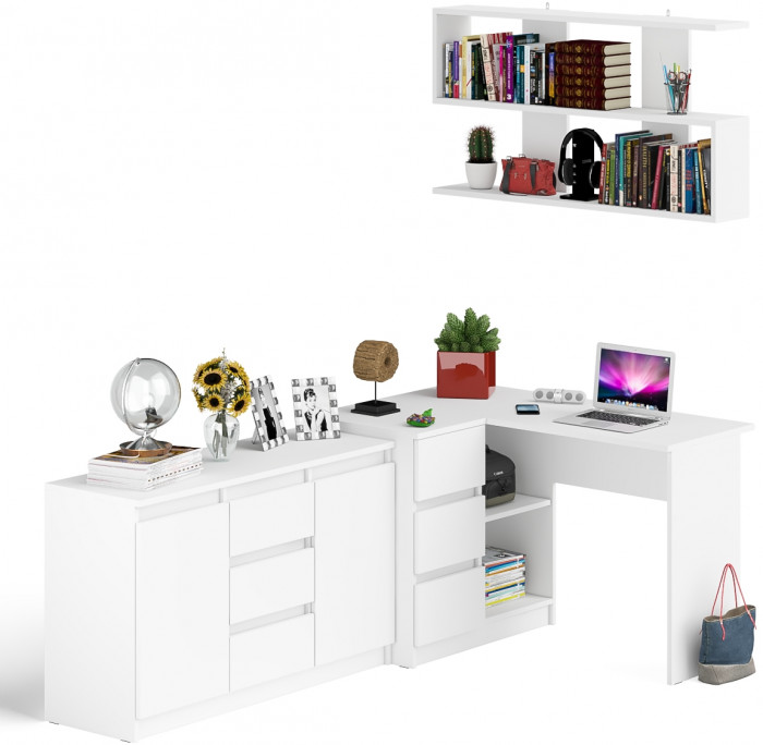 Мори компьютерный стол МС-16 левый + Комод МК1200.3 + Полка 1200, белый