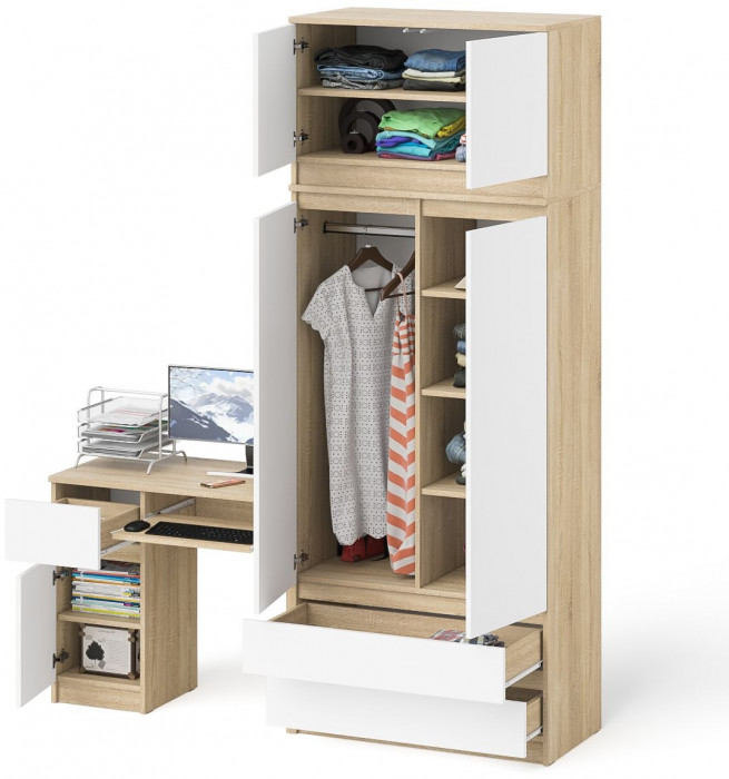 Мори Стол компьютерный МС-1 левый + Шкаф МШ900.1 + Антресоль МА900.1, цвет дуб сонома/белый, ШхГхВ 180,4х50,4х234,2 см., выдвиж. ящ. слева, НЕ ун. сб.