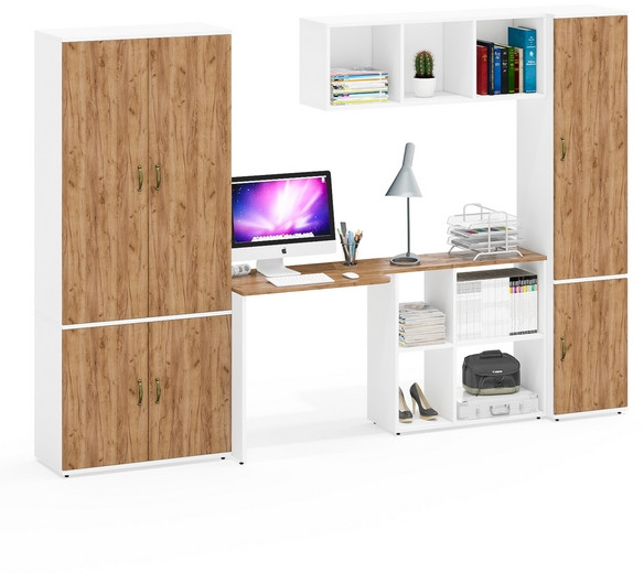 Лидер-8 Шкаф МД 20Б + Стол + Полка + Пенал 21Б, белый шагрень/крафт золото