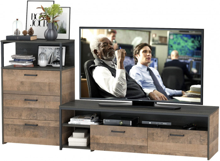 Трувор 13.70 Тумба под ТВ + 13.307.02 Комод с ящиками, цвет дуб гранж песочный/интра, ШхГхВ 215,8х45,4х106,9 см., универсальная сборка