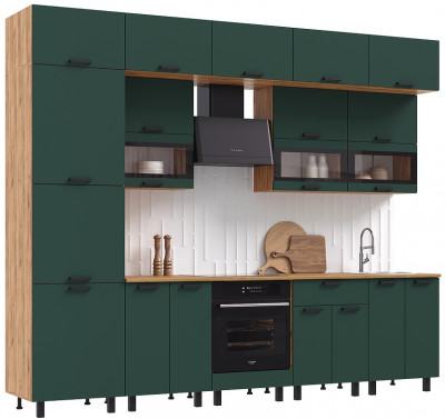 Кухня Техно 3,0/1080м Компоновка №2, Крафт золотой/Браш мени грин