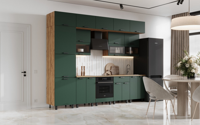 Кухня Техно 3,0/1080м Компоновка №2, Крафт золотой/Браш мени грин