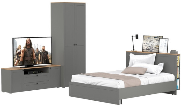 Остин 11.53 Кровать + ортопед + 13.224 Шкаф + 16.47 Тумба под ТВ, серый графит/дуб крафт золотой