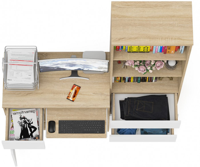 Мори компьютерный стол МС-1 левый + Стеллаж МСТ600.3, дуб сонома/белый