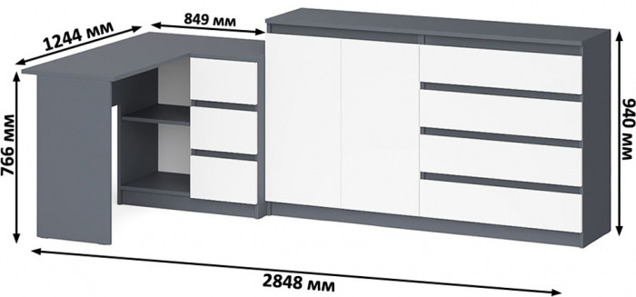 Мори компьютерный стол МС-16 правый + Комод МК1600.1, графит/белый