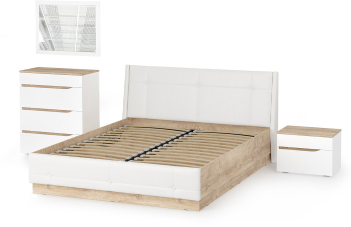 Муссон Кровать 11.28 + подъёмный ортопед + Тумба 16.03 + Комод 13.97 + Зеркало СВК, цвет белый/дуб эндгрейн элегантный/кожзам белый, 1600х2000 мм, б/м