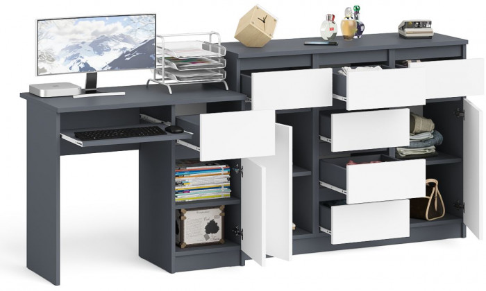 Мори компьютерный стол МС-1 правый + Комод МК1200.4, графит/белый
