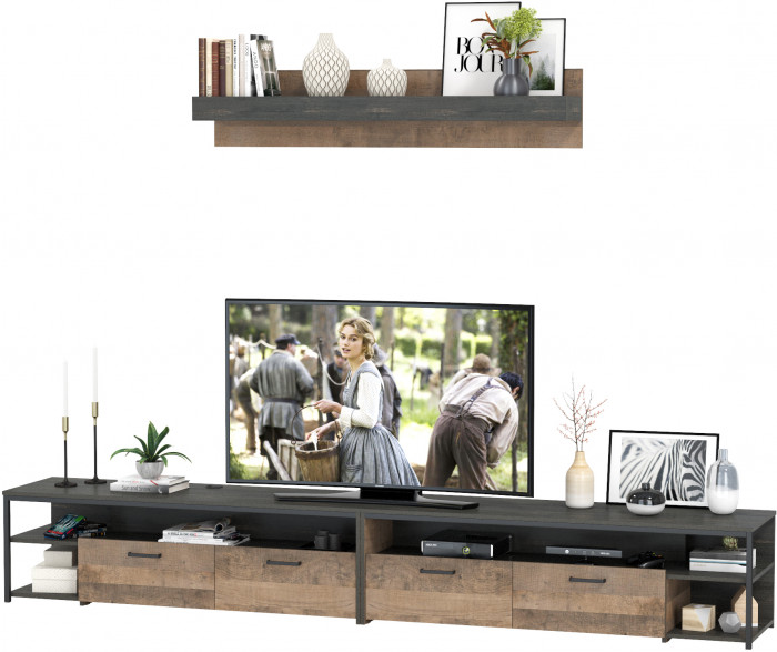 Трувор 13.70 Тумба под ТВ + 13.70 Тумба под ТВ + 15.60 Полка, цвет дуб гранж песочный/интра, ШхГхВ 299,6х45,4х195 см., универсальная сборка