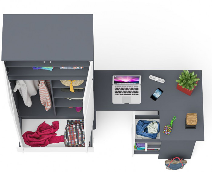 Мори компьютерный стол МС-16 правый + Шкаф МШ900.1 + Антресоль МА900.1, графит/белый