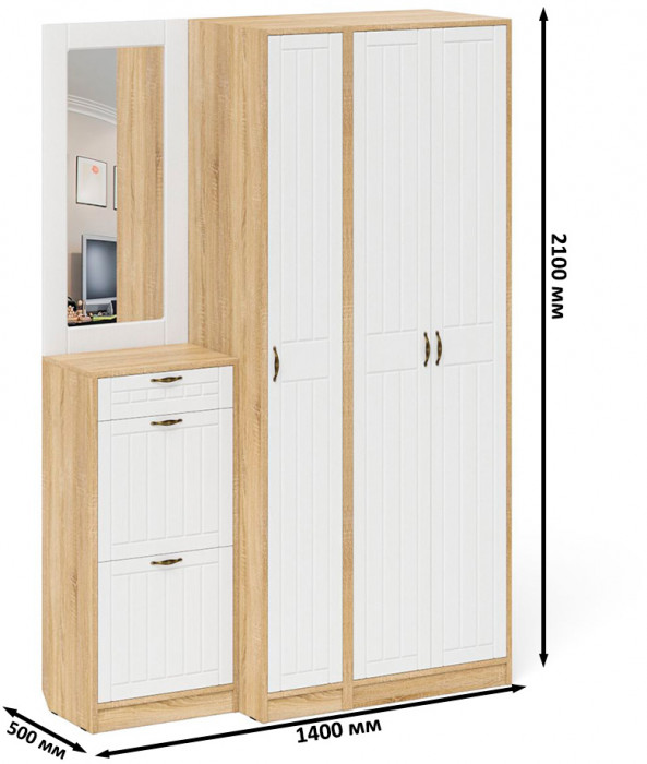 Прихожая П-6 Компоновка № 49, дуб сонома/фасады МДФ белое дерево фрезеровка прованс