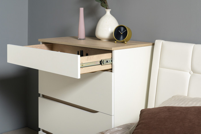 Муссон Кровать 11.28 + подъёмный ортопед + Тумба 16.03 + Комод 13.97, цвет белый/дуб эндгрейн элегантный/кожзам белый, сп. м. 1600х2000 мм., б/м