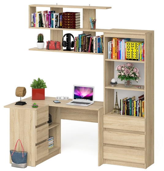 Мори компьютерный стол МС-16 левый + Стеллаж МСТ600.3 + Полка 1200, дуб сонома