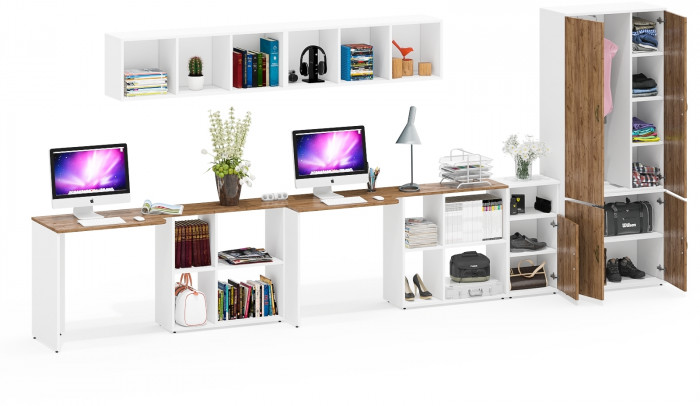 Лидер-8 Стол + Полка + Стол + Полка + Шкаф МД 20Б + Тумба МД 3.19, цвет белый шагрень/крафт золото, 450х50х75/190 или 230х200/50х75/190, НЕ ун. сб.