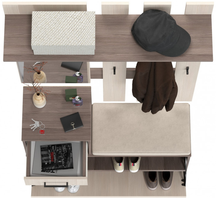 Лира ГК Прихожая 1 2-0714+2-3814 Тумба под обувь + Вешалка с зеркалом, цвет бодега тёмный/бодега светлый, ШхГхВ 100х33х185 см., универсальная сборка