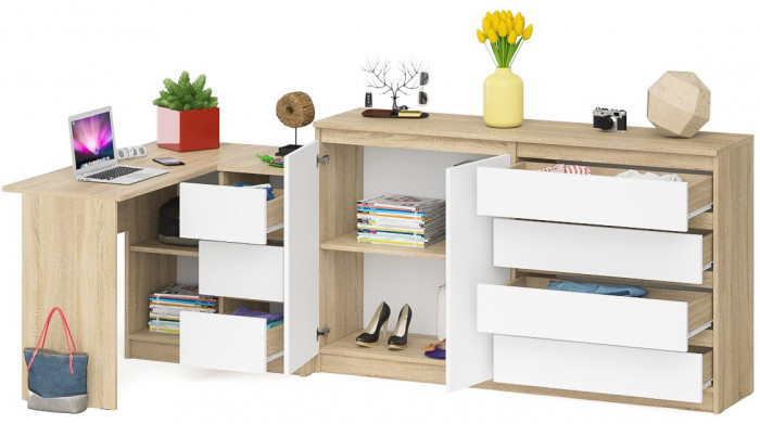 Мори компьютерный стол МС-16 правый + Комод МК1600.1, дуб сонома/белый