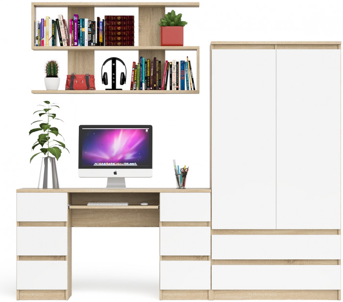 Мори компьютерный стол МС-2 + Шкаф МШ900.1 + Полка 1200, дуб сонома/белый