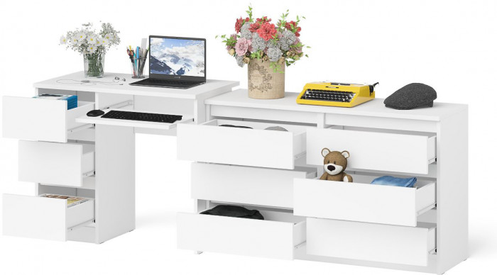 Мори Стол компьютерный МС-6 левый + Комод МК1200.6, цвет белый, ШхГхВ 210,4х50х76,6 см., выдвижные ящики слева, НЕ универсальная сборка