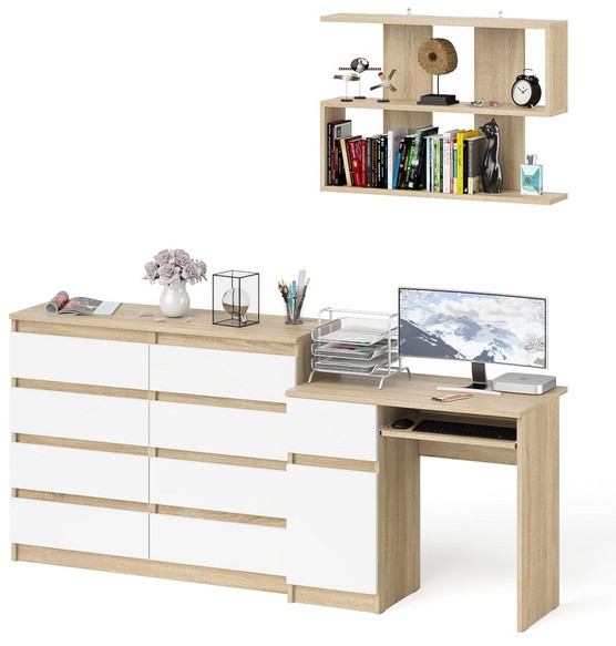 Мори компьютерный стол МС-1 левый + Комод МК1200.8 + Полка 900, дуб сонома/белый