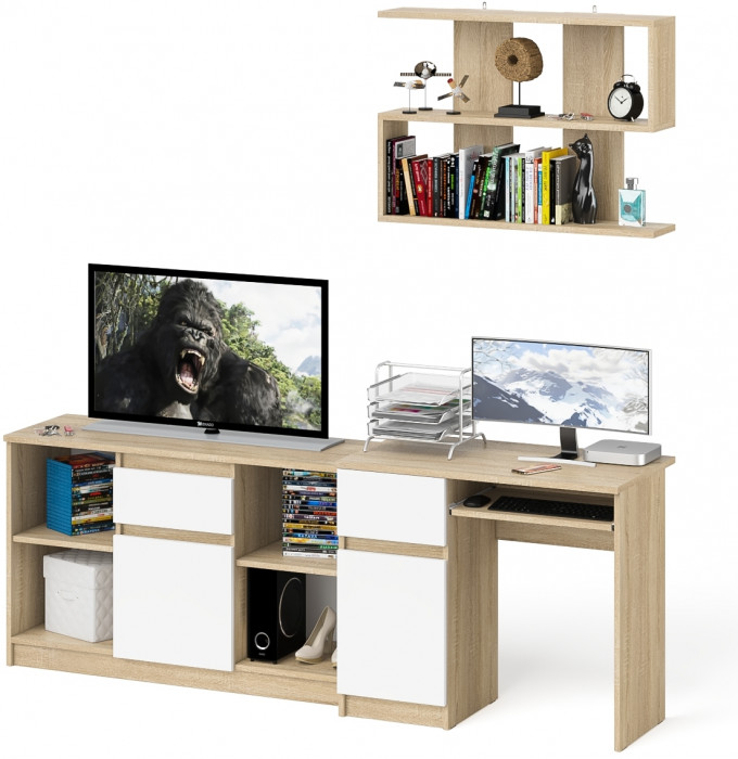 Мори компьютерный стол МС-1 левый + Тумба МТВ1204.1 + Полка 900, дуб сонома/белый