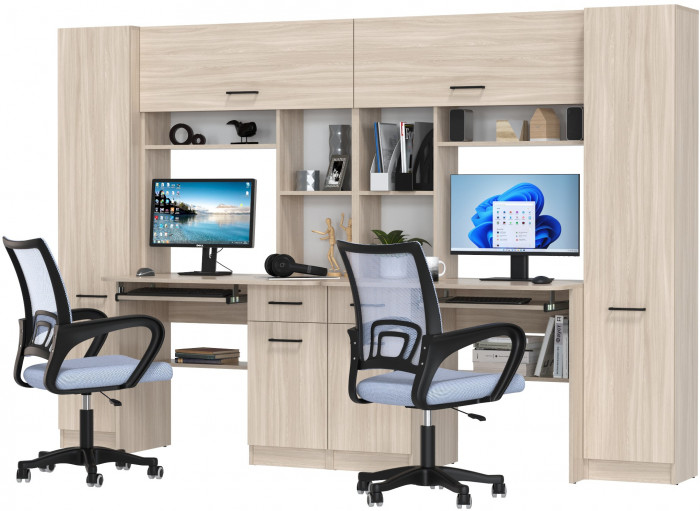 Два стола рабочих 6-0603 Альфа + два кресла 103 серых, цвет ясень шимо светлый, ШхГхВ 274х61х181 см., универсальная сборка