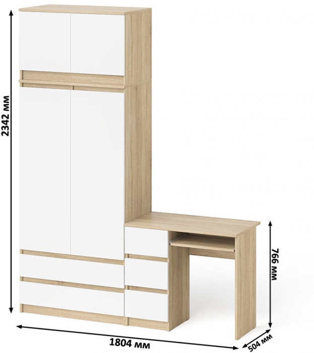Мори компьютерный стол МС-6 левый + Шкаф МШ900.1 + Антресоль МА900.1, дуб сонома/белый