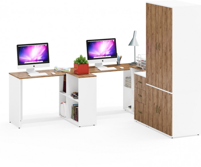 Лидер-8 Стол + Стол + Шкаф МД 19Б + Тумба МД 3.16, цвет белый шагрень/крафт золото, ШхГхВ 450х50х75/190 или 230х200/50х75/190 см., НЕ ун. сб.