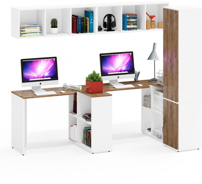 Лидер-8 Стол + Полка + Стол + Полка + Пенал МД 21Б, белый шагрень/крафт золото