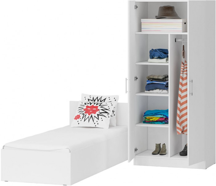 Кровать 0800 + Шкаф 2-х створчатый Стандарт, цвет белый, ШхГхВ 83,5х203,5х70 + 90х52х200 см., сп.м. 800х2000 мм., без матраса, основание есть