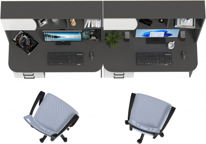 Два стола рабочих 6-0606 Сигма + два кресла 103 серых, цвет графит/белый, ШхГхВ 241х60,5х166 см., НЕ универсальная сборка