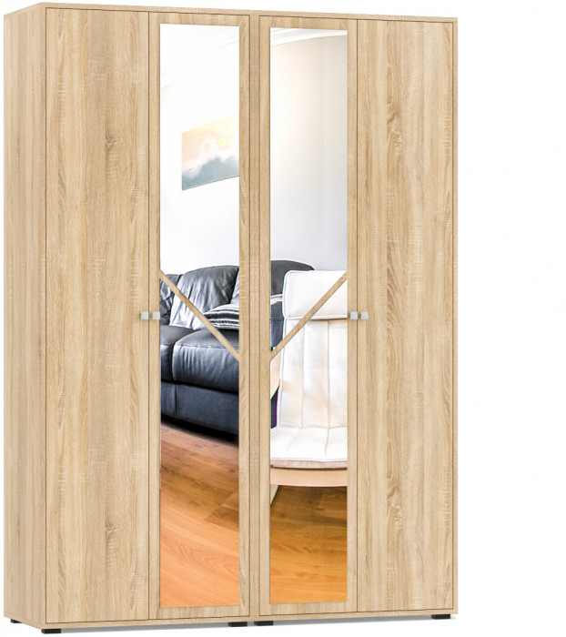 Камелия спальня № 1 Кровать 1400 + Две тумбы + Шкаф 4-х створчатый, цвет дуб сонома, сп.м. 1400х2000 мм., б/м, основание есть