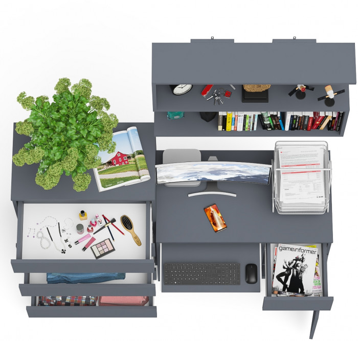 Мори Стол компьютерный МС-1 правый + Комод МК700.5 + Полка 900, цвет графит, ШхГхВ 160,4х50х209,6 см., НЕ универсальная сборка