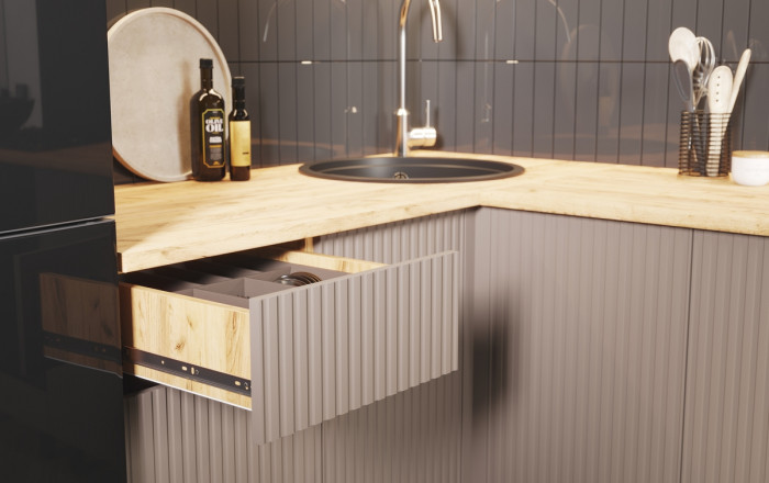 Угловая кухня Оливия NEW 1,4х2,4м, Крафт золотой/Холст латте