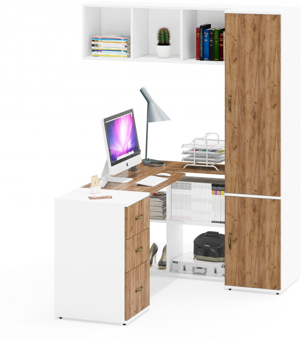 Лидер-8 Стол + Полка + Тумба МД 3.16 + Пенал МД 23Б, белый шагрень/крафт золото