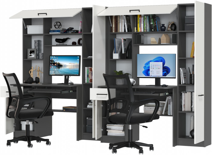 Два стола рабочих 6-0603 Альфа + два кресла 103 чёрных, цвет графит/белый, ШхГхВ 274х61х181 см., универсальная сборка